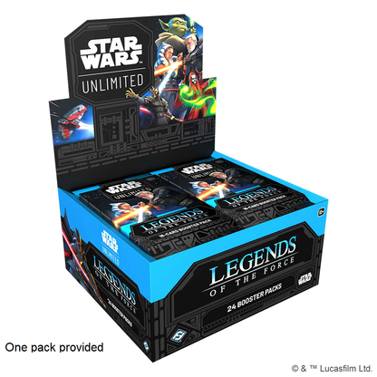 Star Wars: Unlimited – Legends of the Force Booster. Star Wars trading card game box with 'Legends of the Force' branding on a white background.