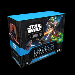 Star Wars Unlimited: Legends of the Force Prerelease. Star Wars Unlimited Legends of the Force toy box packaging on a black background