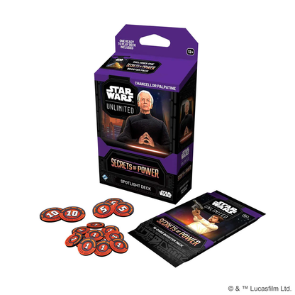 Boxed Star Wars Unlimited Spotlight Deck featuring Chancellor Palpatine artwork on a dark themed trading card pack for collectors and card gamers.