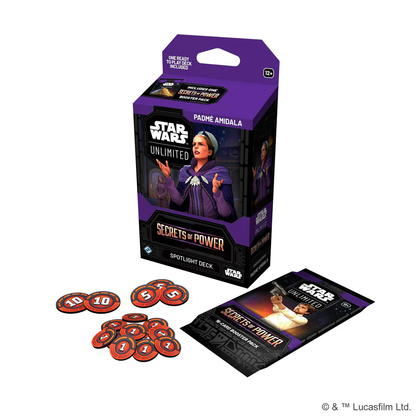 Boxed Star Wars Unlimited Spotlight Deck featuring Padme Amidala artwork on a colourful trading card pack designed for collectors and gamers.