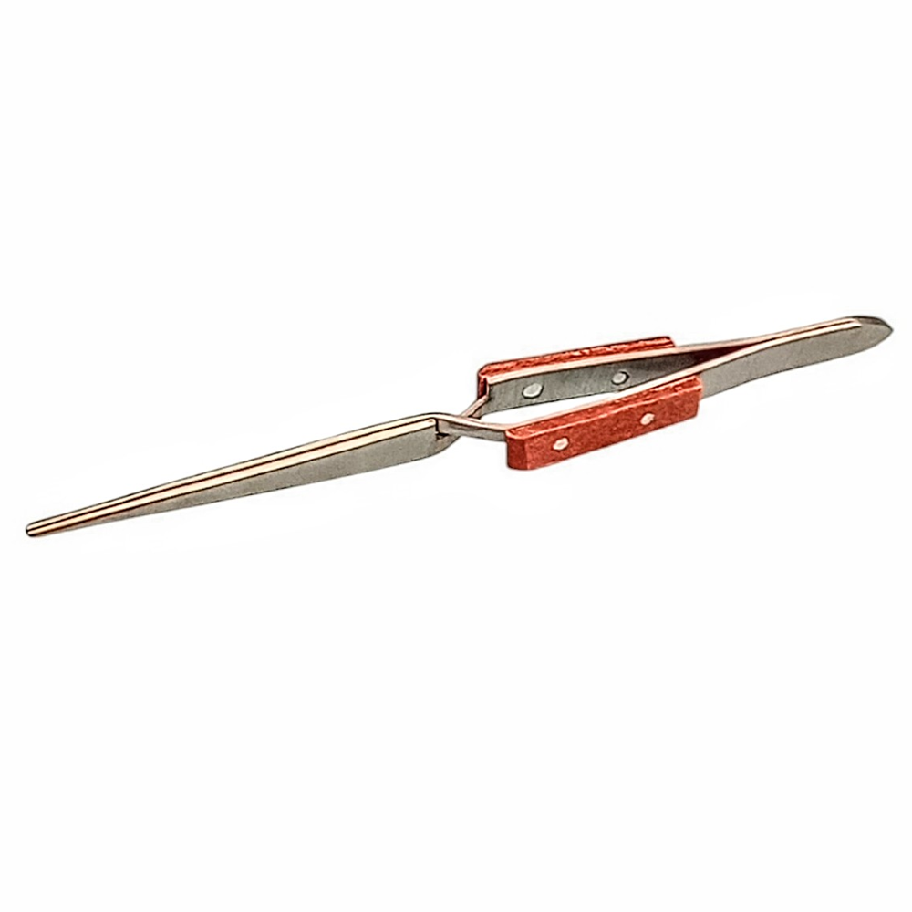A pair of metal  tweezers with reddish-brown textured handles, shown on a plain white background. Straight x - lock insulated handles self closing&nbsp;tweezer