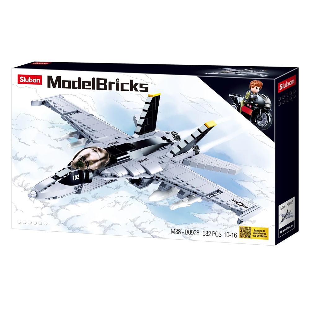 Sluban Model Bricks airplane building block set packaging on a white background. Super Bumblebee Fighter Jet