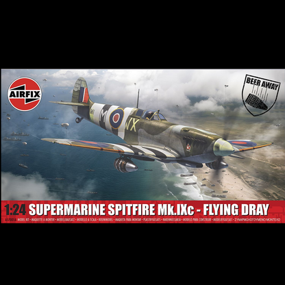 Supermarine Spitfire Mk.IXc Flying Dray. Model kit of a Supermarine Spitfire Mk.IXc with Airfix branding on a dynamic background.
