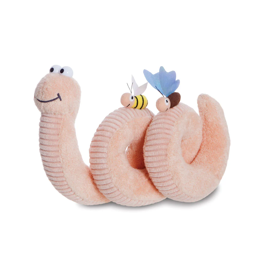 Plush toy resembling a worm with a bee and butterfly on a white background. Superworm plush soft toy 20cm official Julia Donaldson character with bee and butterfly detail