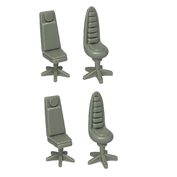 Swivel Chairs by Crooked Dice, a pack of four resin miniatures for your tabletop games representing swivel chairs that could be for your miniature office, starship and more