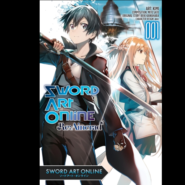 Front cover of Sword Art Online: Re:Ainuraid Volume 1 manga book, featuring anime characters Yuna and Kiritsugu with swords, set against a sci-fi background with a spaceship and ice, with the title 'Sword Art Online' in large blue and white text. Sword Art Online Re: Aincrad, Vol. 1 manga paperback