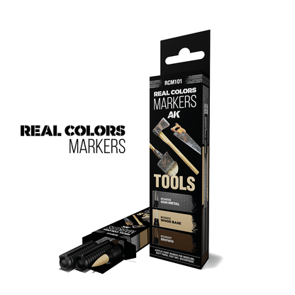 AK Interactive TOOLS – RC MARKERS SET. Includes Gun Metal, Wood Base, and Brown acrylic markers for modeling. Waterproof, fast-dry, and ideal for layered painting.
