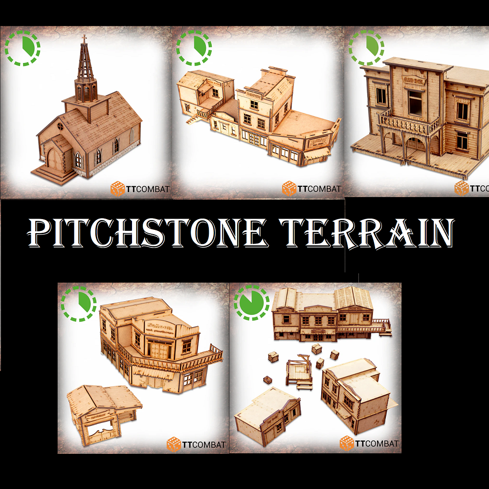 TT Combat Pitchstone Crossroads Set includes MDF and resin kits for Wild West scenery, featuring buildings with removable roofs and wooden crates for immersive gameplay.