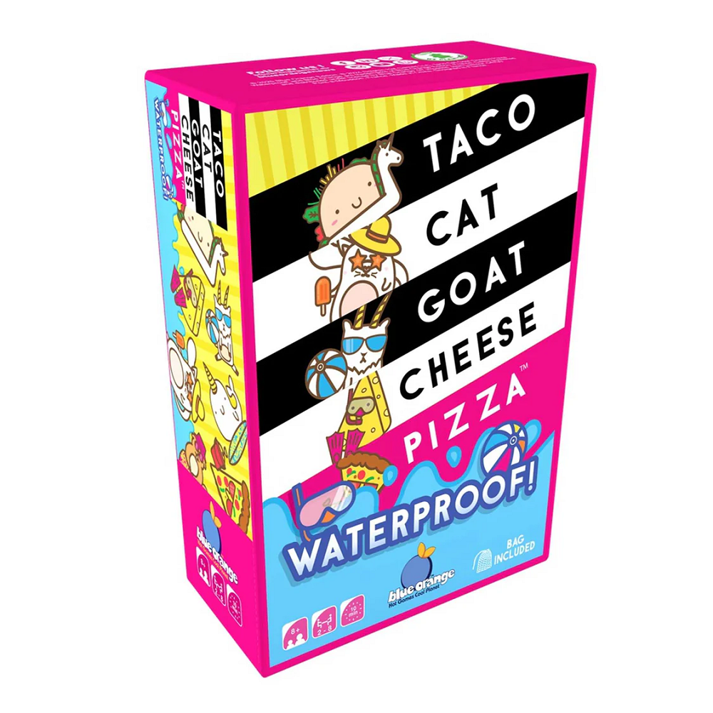 A waterproof card game set featuring 64 cards, a storage bag, and instructions for Taco Cat Goat Cheese Pizza, designed for 2-8 players aged 8 and up.