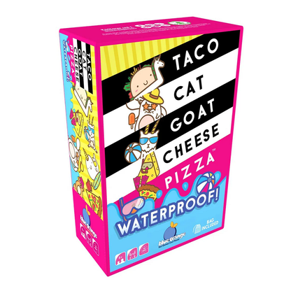 A waterproof card game set featuring 64 cards, a storage bag, and instructions for Taco Cat Goat Cheese Pizza, designed for 2-8 players aged 8 and up.