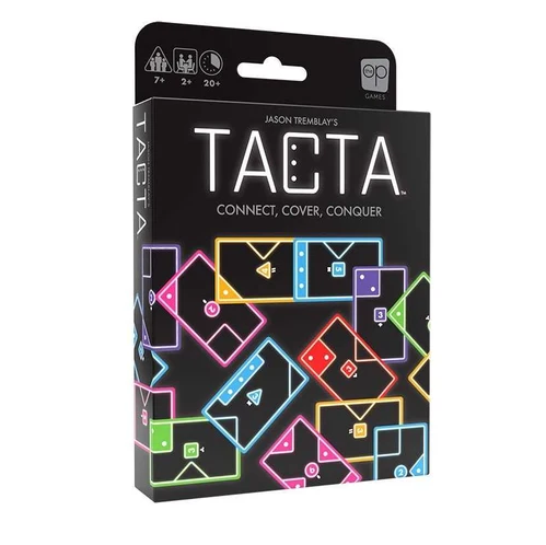 TACTA card game box by Jason Tremblay's, featuring a black background with colourful geometric card designs and white title text, shown on a plain white background. Tacta Strategy Card Game