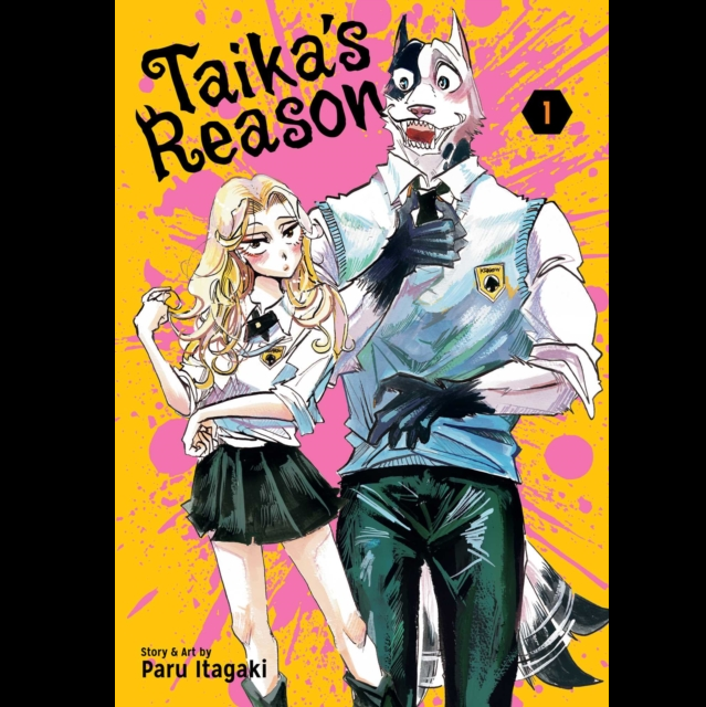 Front cover of the manga volume 'Taika's Reason' Volume 1, featuring illustrated characters Kenma and Riko in school uniforms against a bright pink and yellow background. Taika's Reason Vol. 1 paperback graphic novel by Paru Itagaki