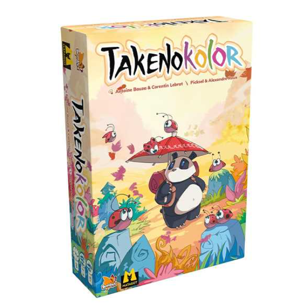 Colorful box of 'Takenokolor' board game with cartoon characters on a white background