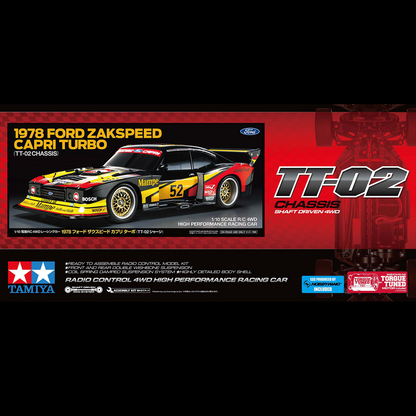 Model car kit box for 1978 Ford Zakspeed Capri Turbo TT-02 chassis with Tamiya branding. Tamiya 1978 Ford Zakspeed Capri TT-02 1:10 scale RC touring car kit model box art