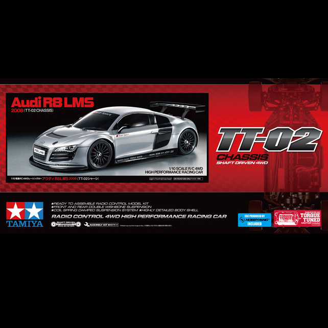 Tamiya Audi R8 LMS 2008 (TT-02). A 1/10 scale R/C model kit capturing the sleek GT3 racer with a polycarbonate body, TT-02 chassis, and racing slick tyres.
