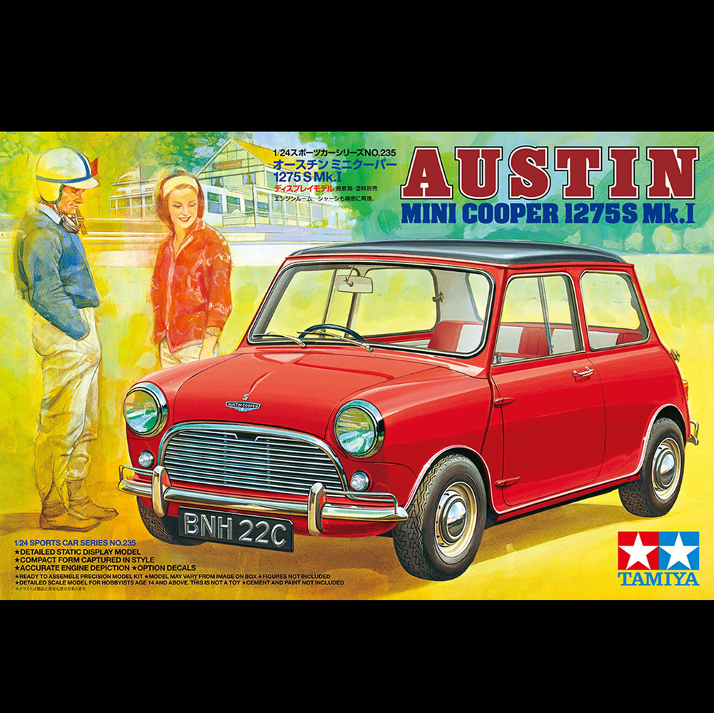 Tamiya model kit box art for the Austin Mini Cooper 12755 Mk.1, featuring a red classic car on a yellow illustrated background with two people standing on the left. Tamiya Austin Mini Cooper 1275S Mk.I 1:24 scale plastic model kit