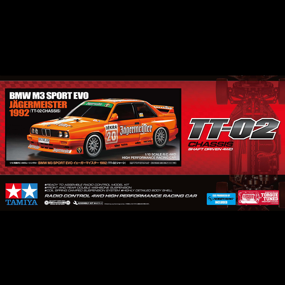 Model car kit packaging for BMW M3 Sport EVO with Jagermeister livery on a red background. Tamiya BMW M3 Sport EVO Jägermeister 1992 TT-02 1:10 scale RC touring car model kit