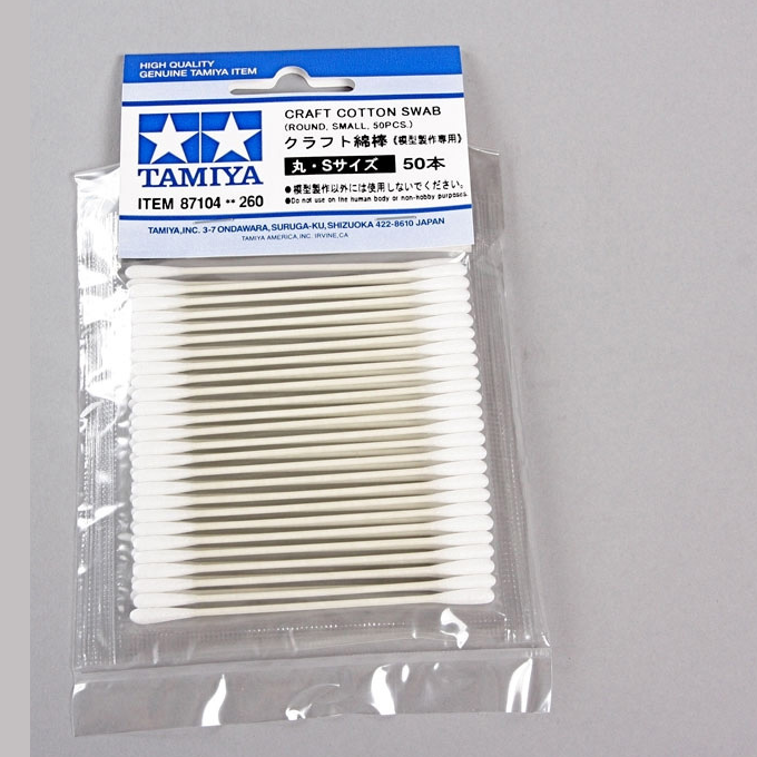 Tamiya Cotton Swab Round Small. A pack of 50 industrial-strength swabs with tightly spun tips. Ideal for decals, panel lining, and fine weathering details
