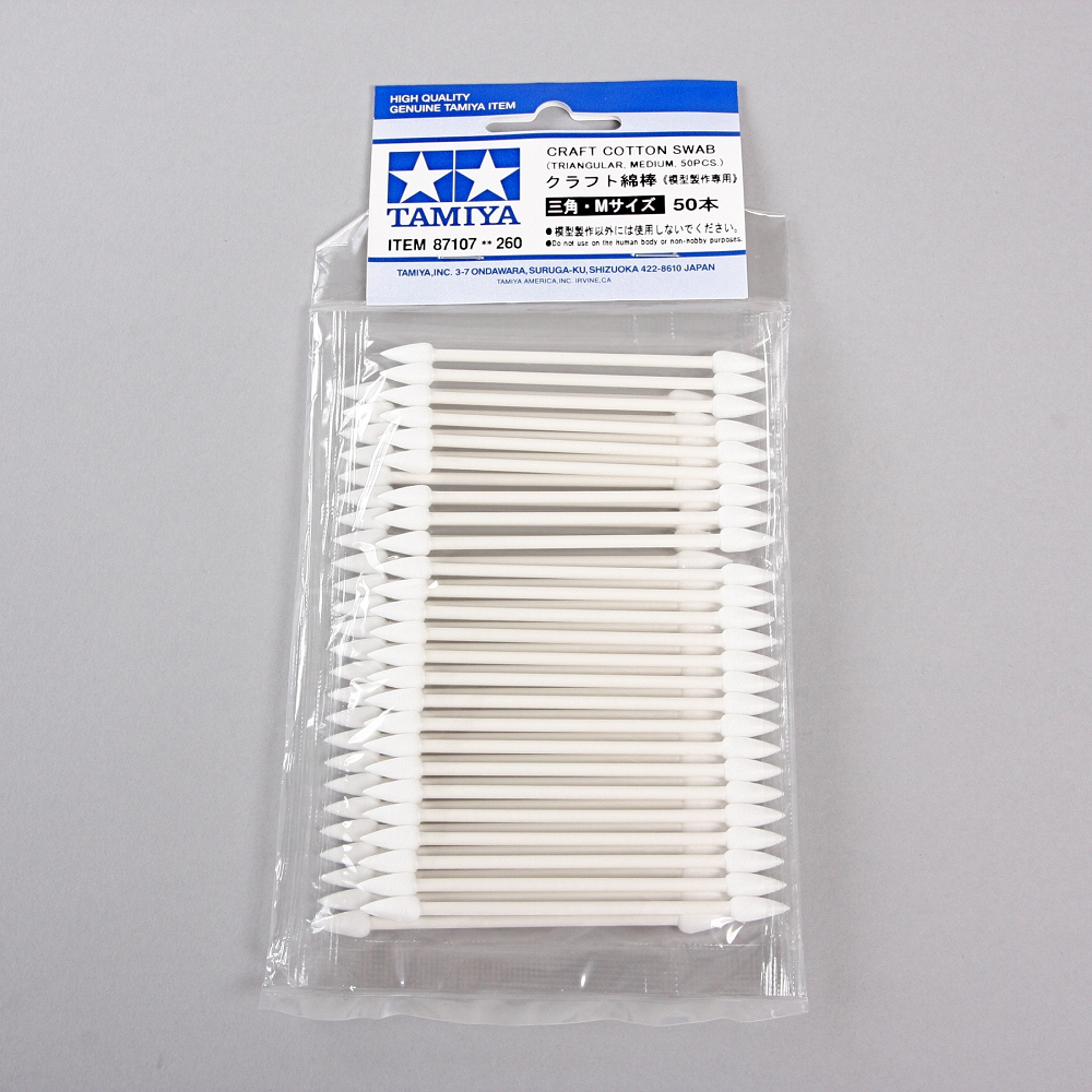 Tamiya Cotton Swab Triangle Medium. A pack of 50 industrial-strength swabs with tightly spun triangular tips. Ideal for decals, panel lining, and fine weathering details
