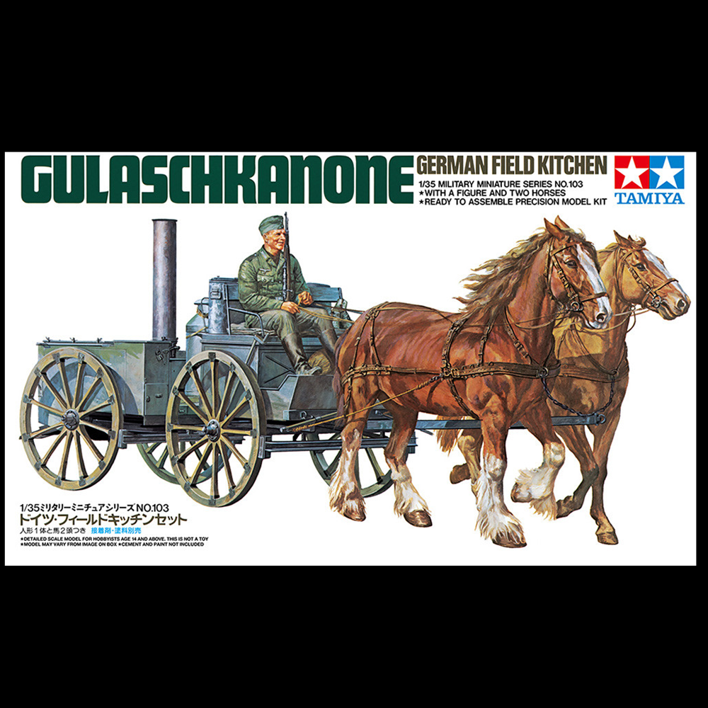 Tamiya Gulaschkanone German Field Kitchen model kit box art, showing an illustrated military cart with a driver and two horses on a white background with product title text. Tamiya German Field Kitchen 1:35 scale plastic model kit with horses and soldier
