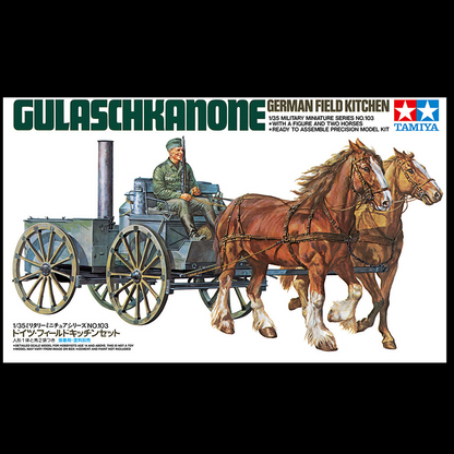Tamiya Gulaschkanone German Field Kitchen model kit box art, showing an illustrated military cart with a driver and two horses on a white background with product title text. Tamiya German Field Kitchen 1:35 scale plastic model kit with horses and soldier