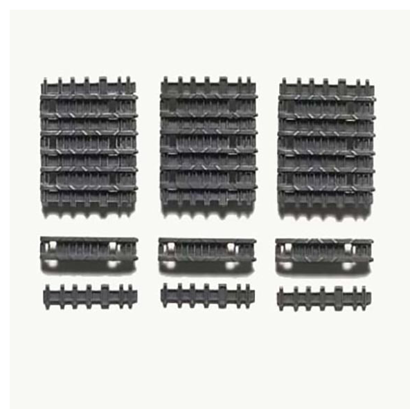 Tamiya German King Tiger Separate Track Link. Set of black plastic components on a white background