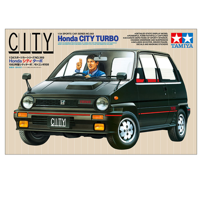 Tamiya Honda City Turbo 1/24 scale model kit with detailed depictions, including a scooter, driver figure, and decals. Perfect for hobbyists.