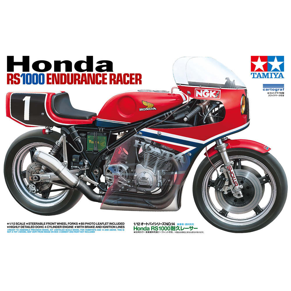 Model kit of a Honda RS1000 Endurance Racer with Tamiya branding. Tamiya Honda RS1000 Endurance Racer 1:12 scale motorcycle model kit