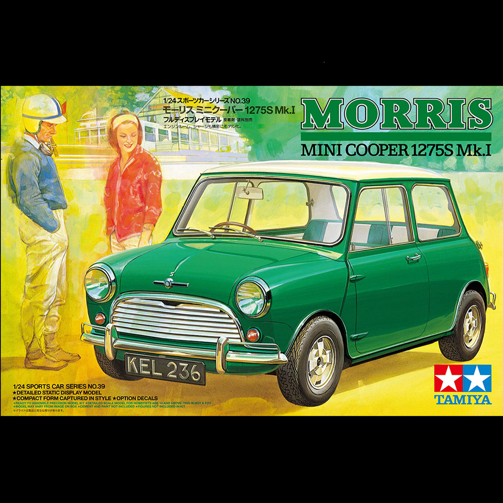 Tamiya model kit box art for the Morris Mini Cooper 127S Mk.I, showing a green classic car on a yellow illustrated background with Japanese text and the Tamiya logo. Tamiya Morris Mini Cooper 1275S Mk.I 1:24 scale plastic model kit