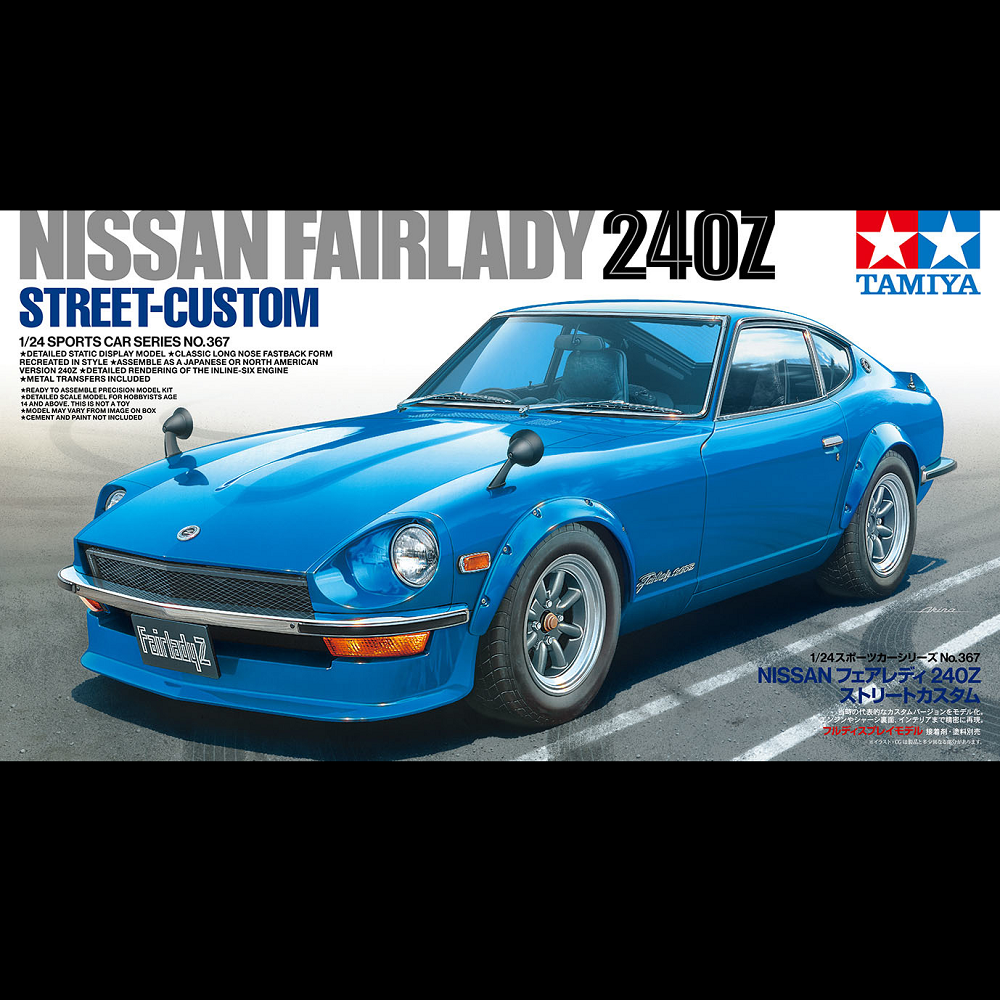 Tamiya Nissan Fairlady 240Z Street Custom scale model kit in 1:24 scale. A Tamiya scale model car kit a detailed static display model with classic long nose fastback form that you can assemble as a Japanese or North American version with detailed rendering of the inline six engine and metal transfers included