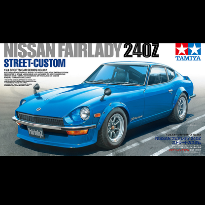 Tamiya Nissan Fairlady 240Z Street Custom scale model kit in 1:24 scale. A Tamiya scale model car kit a detailed static display model with classic long nose fastback form that you can assemble as a Japanese or North American version with detailed rendering of the inline six engine and metal transfers included