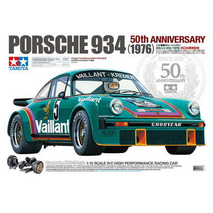 Tamiya Porsche 934 1976 50th Anniversary 1/10 scale RC racing car kit with polycarbonate body and numbered plate