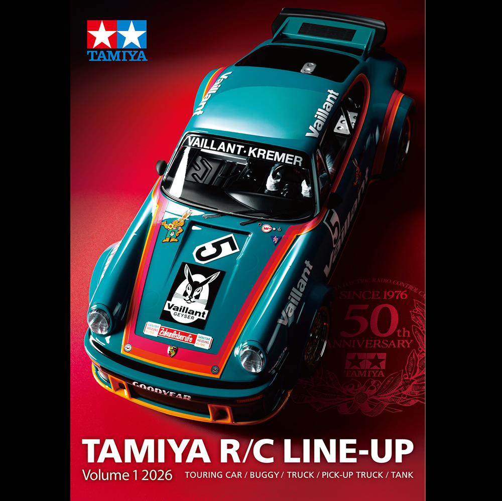 Model car on a red background with Tamiya branding. Tamiya RC Line Up Vol 1 2026 catalogue magazine featuring radio control models
