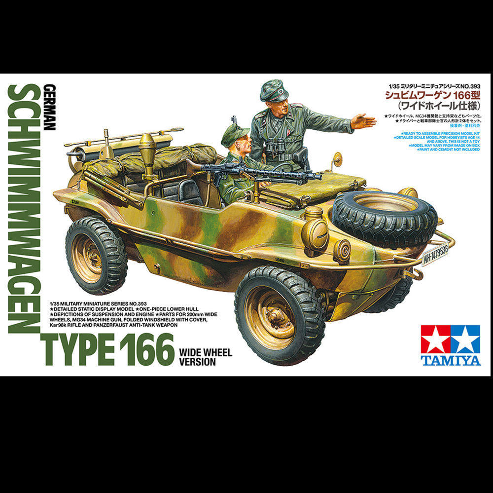 Tamiya Schwimmwagen T166 1 35 scale wide tyre version WW2 German amphibious vehicle model kit with figures. Requires assembly and painting.
