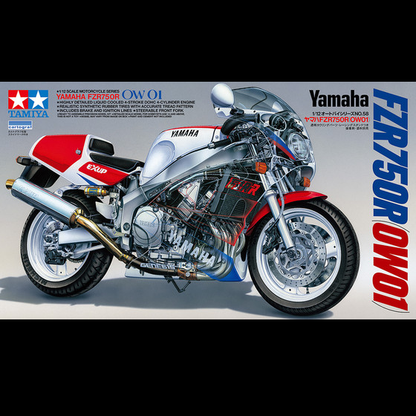 Tamiya Yamaha FZR750R OW01 1/12 scale model kit with detailed motorcycle components and fairing parts