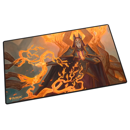 Tarkir: Dragonstorm Abzan Devotee MTG playmat. Fantasy-themed mouse pad with a character and dragon design on a white background