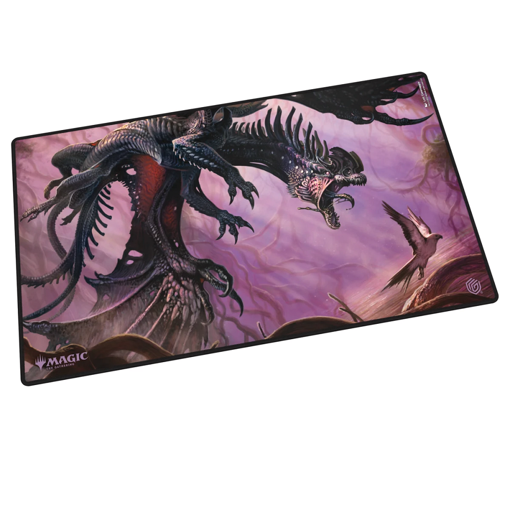 Tarkir: Dragonstorm Feral Deathgorger – Magic: The Gathering Play Mat. A vibrant play mat showing Feral Deathgorger, a monstrous dragon-like creature mid-roar, printed on a smooth surface with stitched black edges and rubber base.