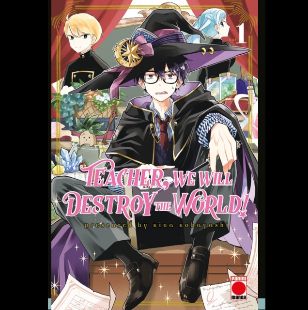 Manga volume cover for 'Teacher, We Will Destroy the World!' featuring an anime-style illustration of a dark-haired male wizard character in a black cloak and purple hat, with other characters in the background and the title in large pink lettering across the lower half. Teacher We Will Destroy The World Volume 1 manga paperback by Kina Kobayashi