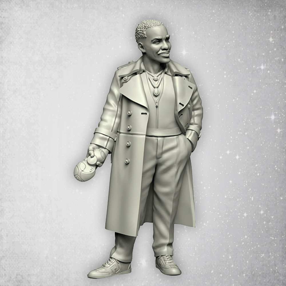 Temporal Traveller 15B by Crooked Dice. A wonderful miniature for any Dr Who fan representing a human man dressed in a suit and long coat with short hair and moustache making a great edition to your RPGs and tabletop gaming