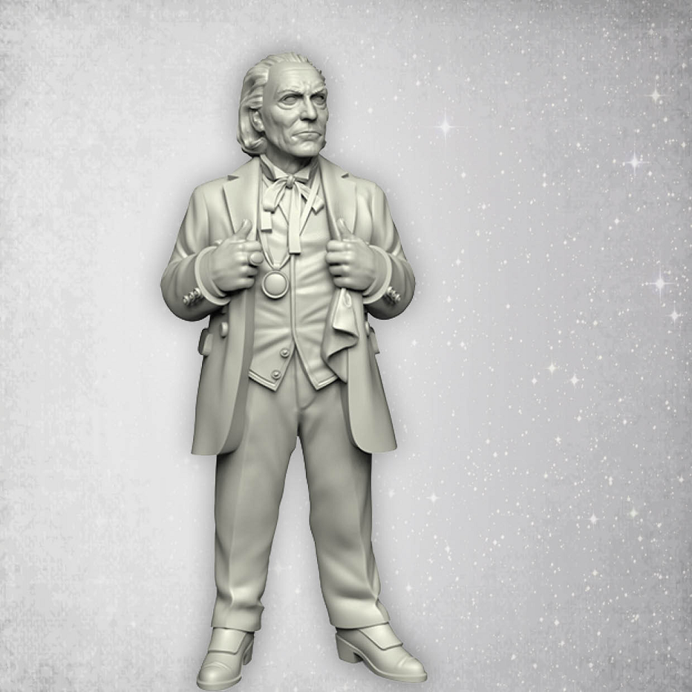 Temporal Traveller 1 by Crooked Dice. A wonderful miniature for any Dr Who fan representing a human man dressed in a suit with receding hairline and pocket watch making a great edition to your RPGs and tabletop gaming