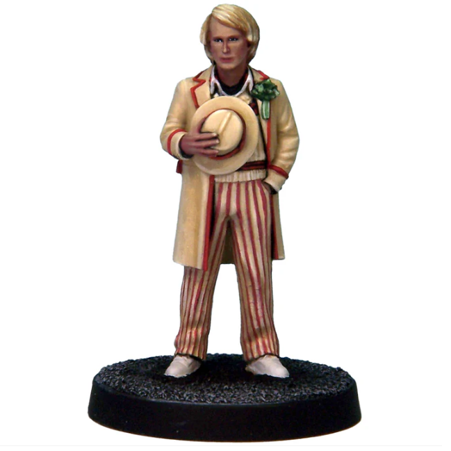 Temporal Traveller 5 miniature by Crooked Dice features a detailed white metal figure of a time traveller in striped trousers, ideal for tabletop RPGs, provided unpainted.