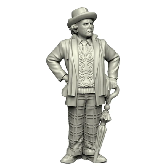 Temporal Traveller 7 miniature by Crooked Dice features a detailed white metal figure of a time traveller with an umbrella, ideal for tabletop RPGs, provided unpainted.
