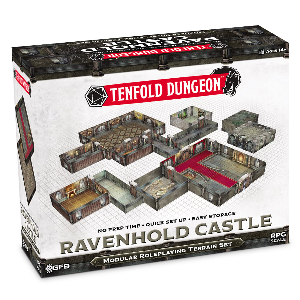 Tenfold Dungeon™: Ravenhold Castle. Modular 3D terrain set with illustrated rooms, doors, gates, and stairs. Ready-to-use for fantasy RPGs and miniature games.