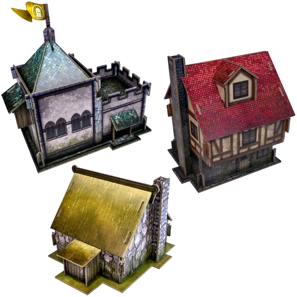 Three miniature model houses with different roof colours on a white background. Terrain Crate Village Buildings Pack 28-32mm Scale Card Terrain Set