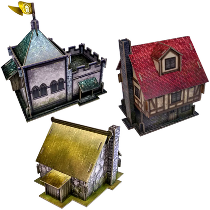 Three miniature model houses with different roof colours on a white background. Terrain Crate Village Buildings Pack 28-32mm Scale Card Terrain Set