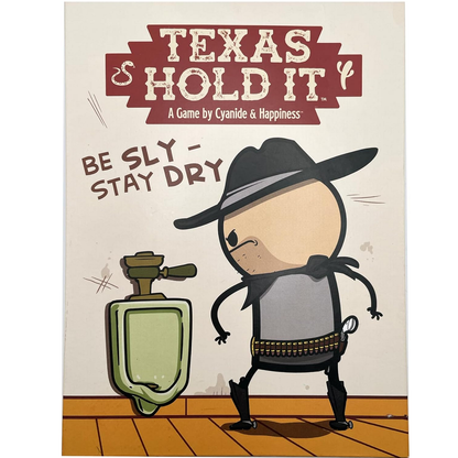 Texas Hold It card game by Joking Hazard, a party game for 2-6 players aged 14+, featuring cowboys, cards, and tokens for a hilarious bathroom adventure.