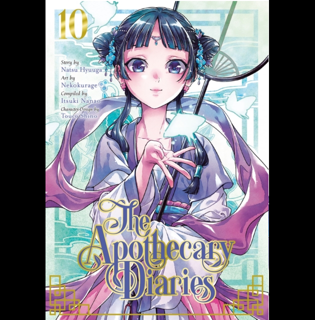 Cover of 'The Apothecary Diaries' with an anime-style character holding a fan. The Apothecary Diaries Volume 10 manga paperback by Natsu Hyuuga Itsuki Nanao historical mystery graphic novel cover art