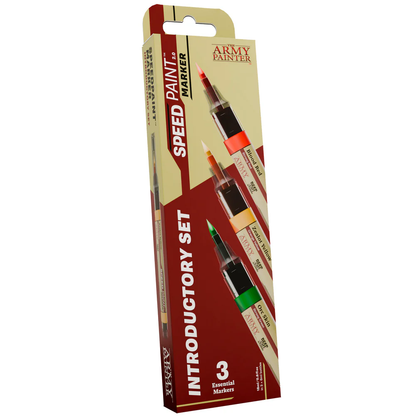 The Army Painter Speedpaint Marker Introductory Set – 3 Felt-Tech Hobby Paint Markers. Packaged set of Army Painter Speed Paint Markers on a white background