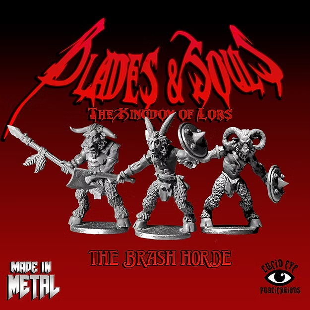 Image of The Brash Horde 28mm white metal miniatures featuring horned beast men, from Lucid Eye's Blades & Souls range. Unpainted and ready for use.