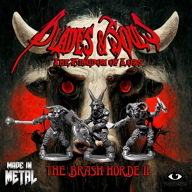 Image of The Brash Horde 2 miniatures, featuring 28mm white metal horned beast men, designed by Steve Saleh, from Lucid Eye’s Blades & Souls range